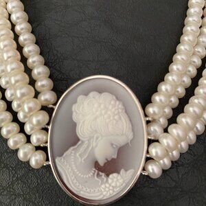 Vintage 925 Sterling silver natural pearl shell carved lady cameo necklace.